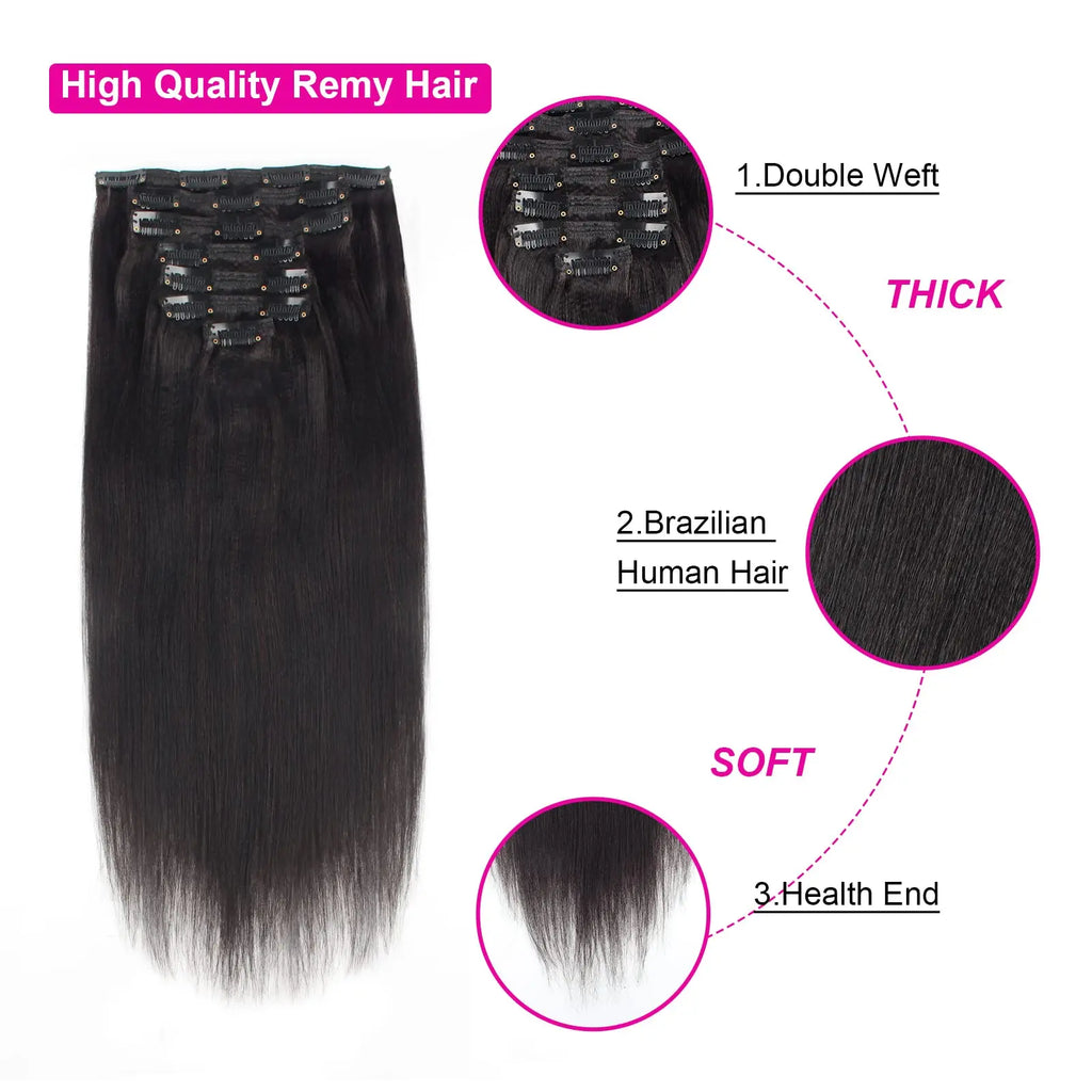 Yaki Straight Clip-In Extensions – 100% Human Hair, Double Weft - Glamorize Hair & Beauty 